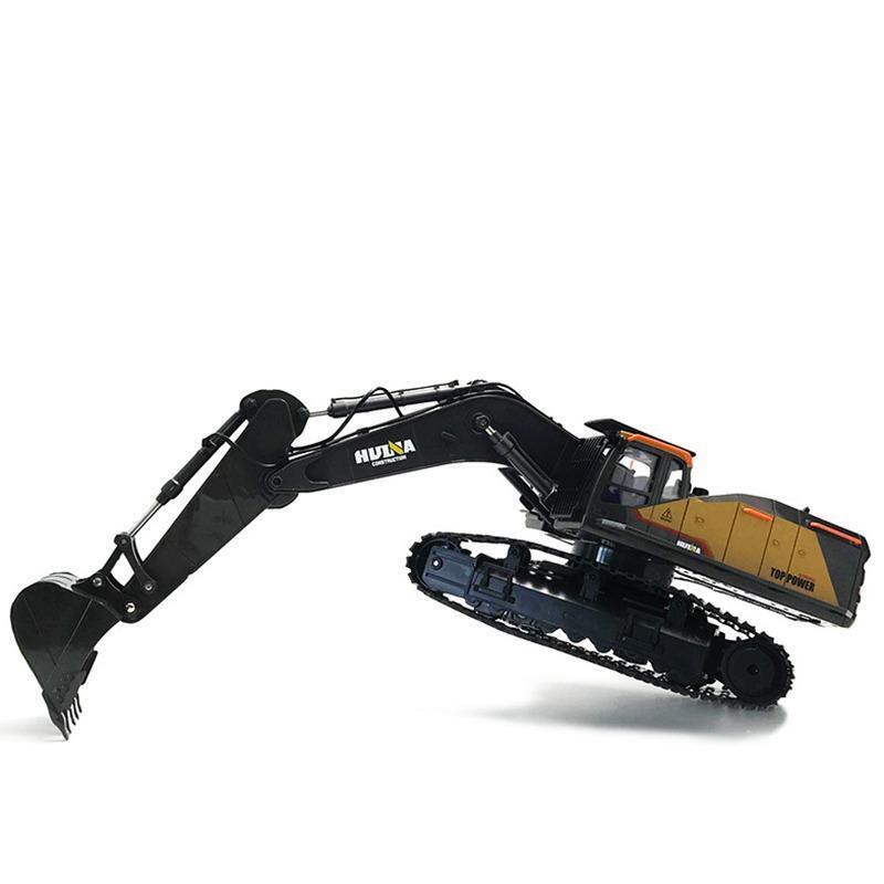 Huina 1/14 HN1592 RC Excavator with tracks raised and bucket extended on a white background