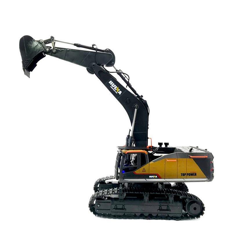 Huina 1/14 HN1592 RC Excavator with bucket raised up in the air on a white background