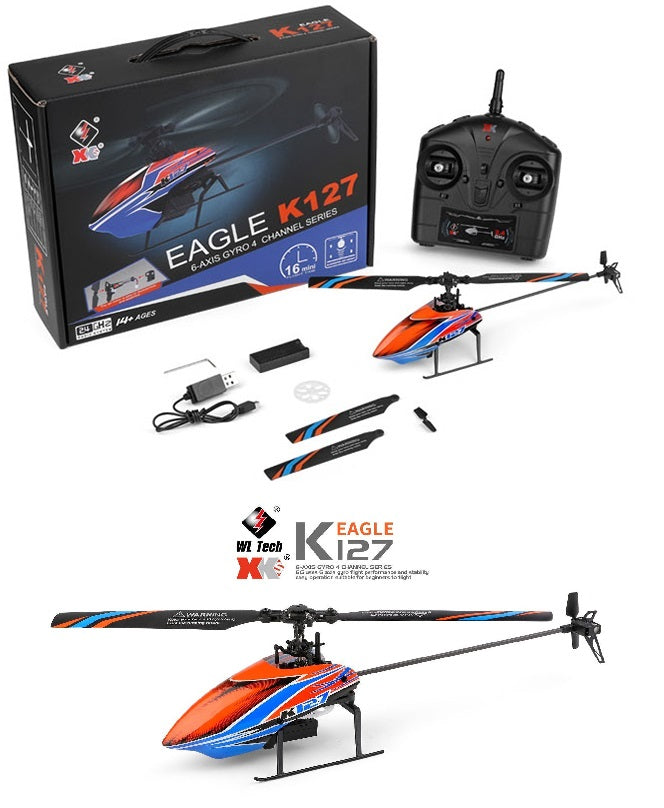 RC helicopter with controller and packaging on a white background