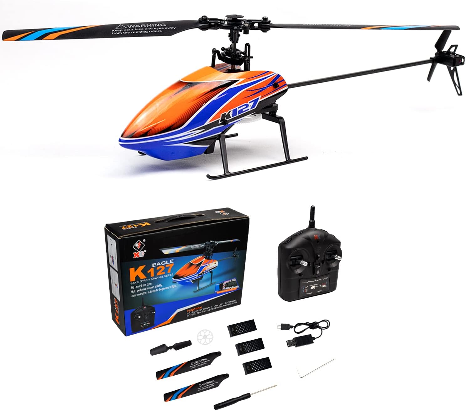 Orange and blue remote control helicopter with accessories on a white background