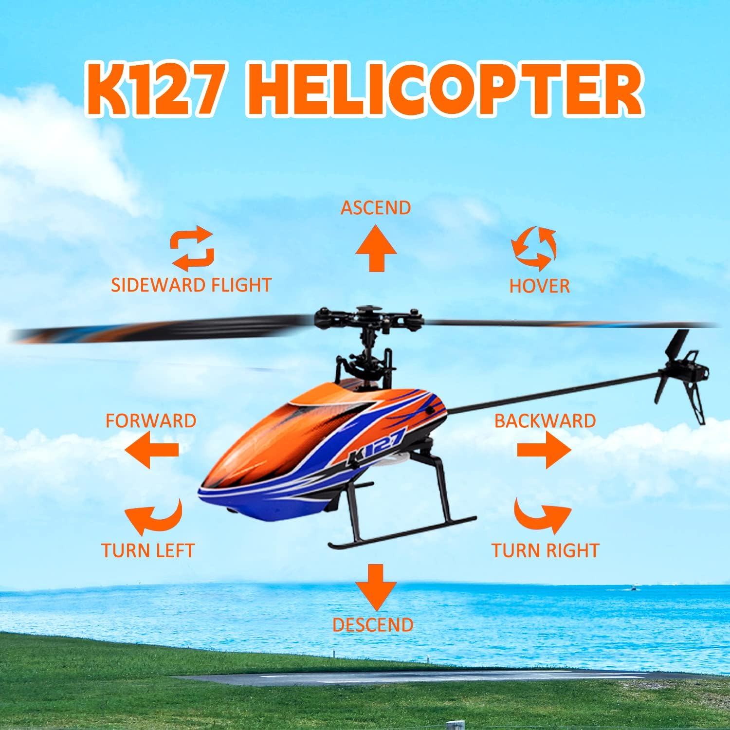K127 helicopter with control instructions against a scenic background