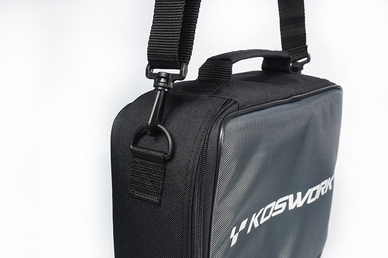 Black bag with a strap and 'KOSWORK' branding on a white background