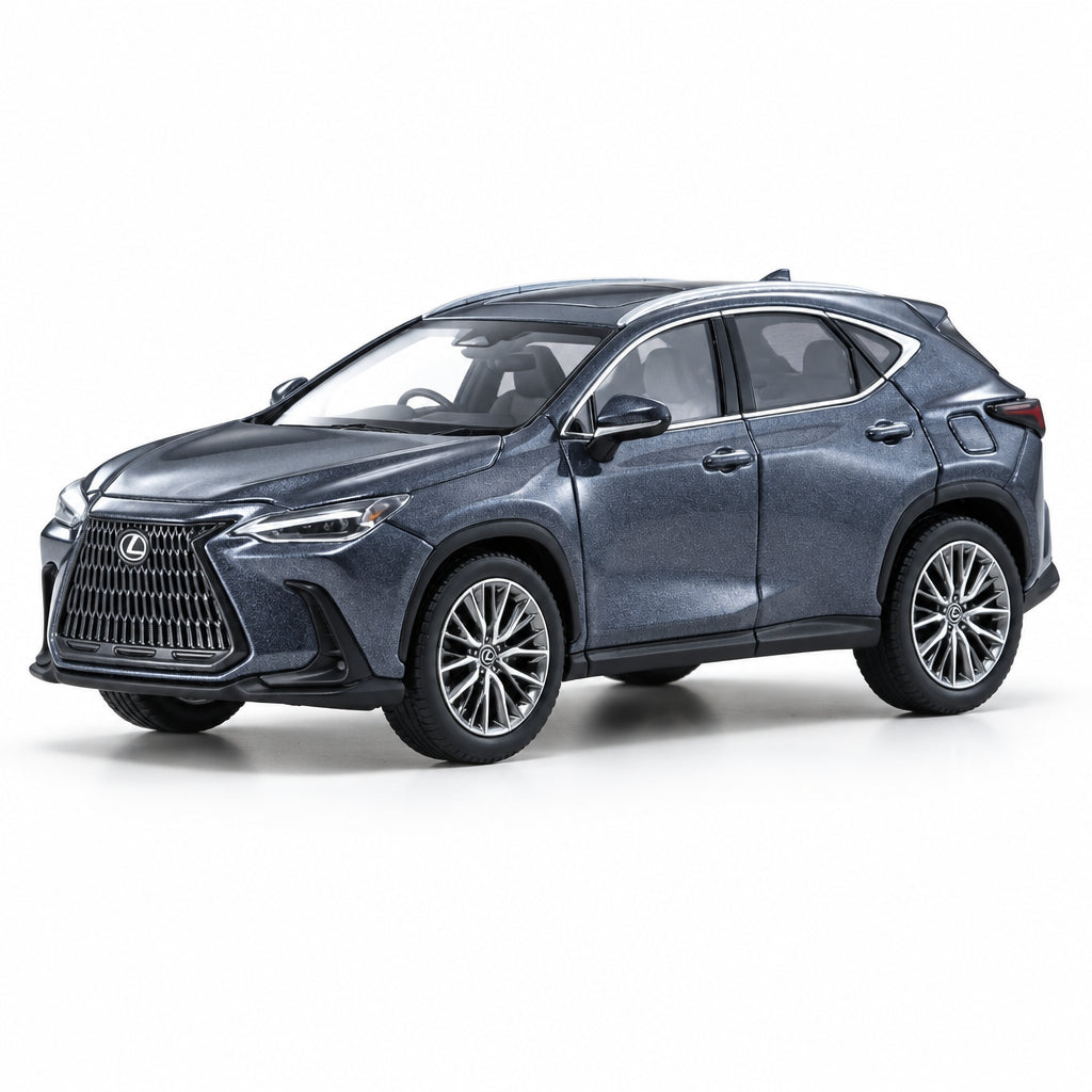 A metallic dark gray Lexus SUV model car, shown from a three-quarter front angle on a clean white background with a subtle reflection.