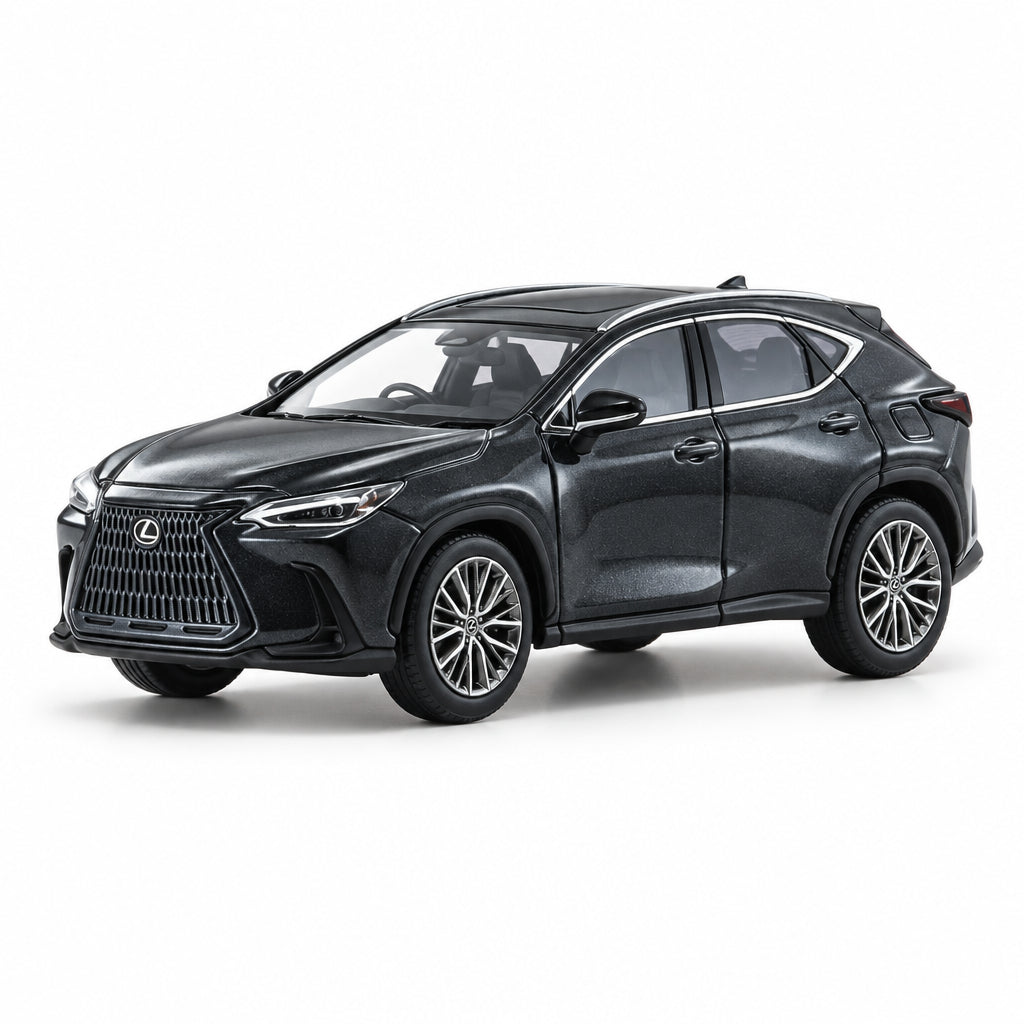 A dark gray Lexus SUV toy car model with silver multi-spoke wheels, shown from a three-quarter front angle on a white reflective studio background.