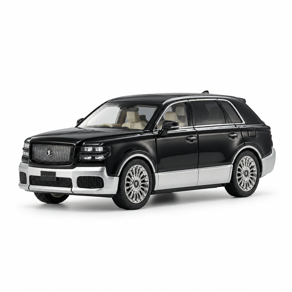 A black and silver model SUV toy car with chrome wheels, shown from a three-quarter front angle on a clean white studio background.