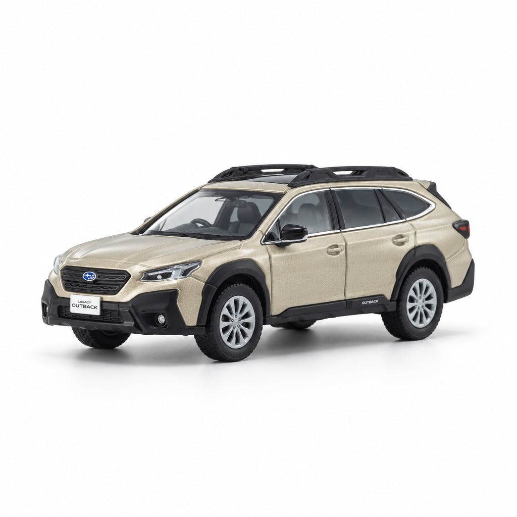 A Subaru Outback SUV in a metallic champagne beige color with black roof rails and black trim, photographed from a three-quarters front angle on a clean white studio background.