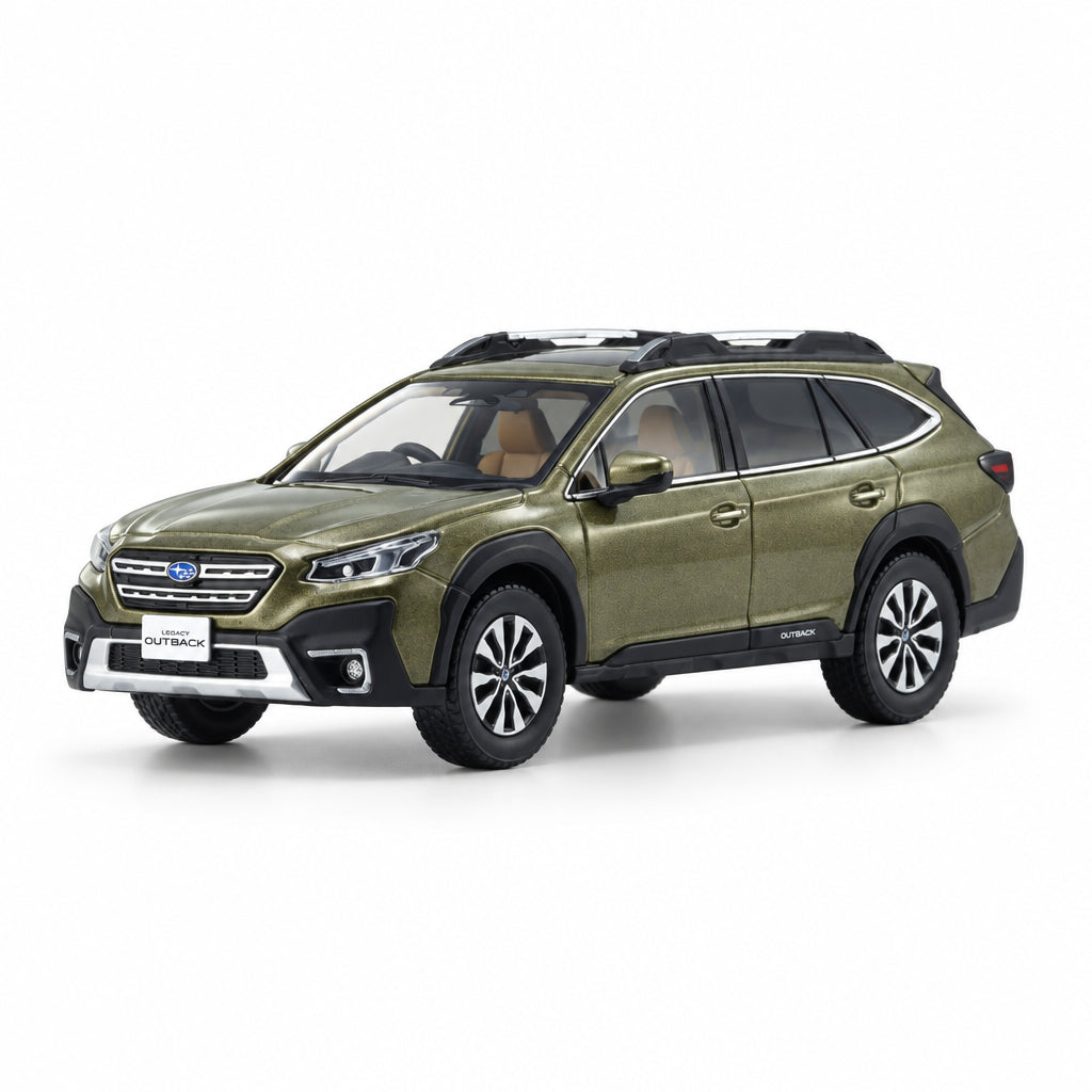 A metallic olive green Subaru Outback SUV model, shown from a three-quarter front angle on a clean white studio background with a soft reflection underneath.