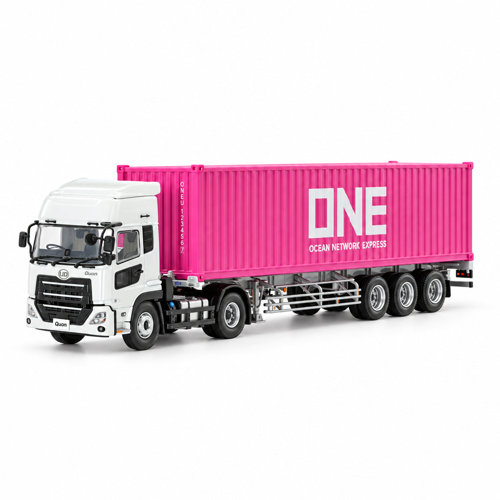 A scale model of a semi-truck with a bright pink container carrying the text 'ONE' in white, set against a seamless white studio background.