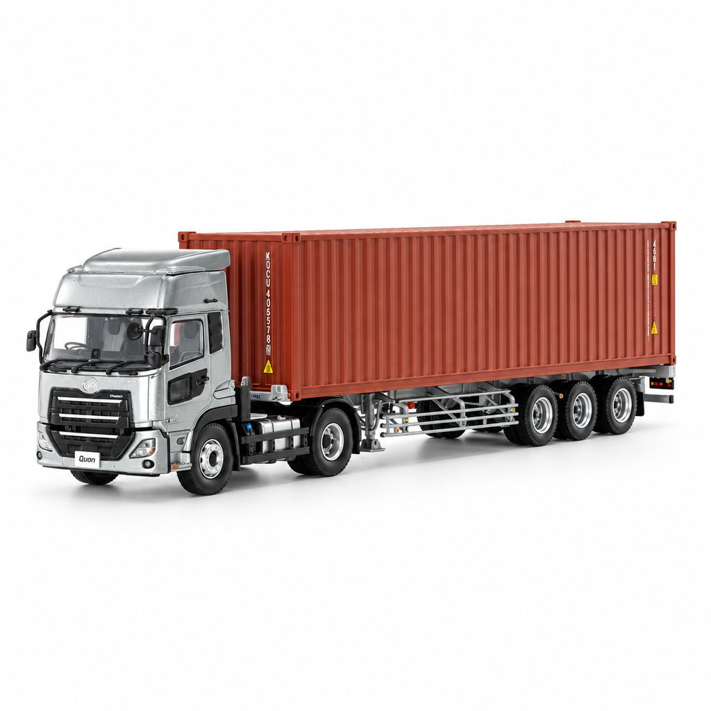 A detailed model of a Scania semi-truck with a red shipping container, shown on a clean white studio background.