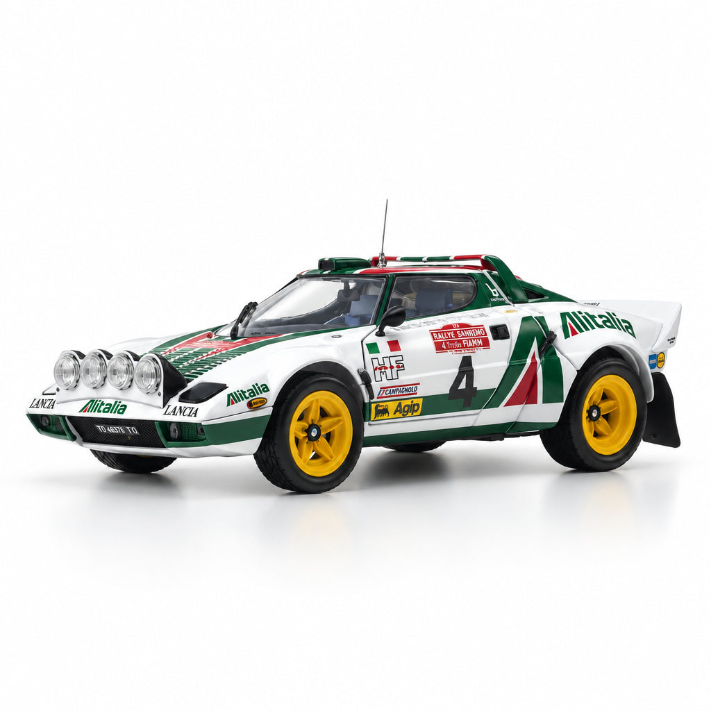 A scale model rally car, specifically a Toyota 4Runner XR3 rally car with green and white livery, yellow wheels, and various sponsor decals, displayed on a clean white studio background.