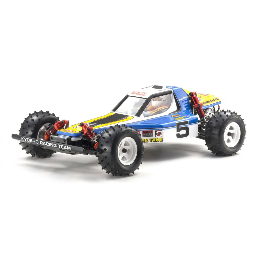 A scale remote control drift car on a clean white background. The car features a blue, white, and yellow livery with the number 5 on the side, 'KYOSHO RACING TEAM' on the front bumper, and red suspension components.