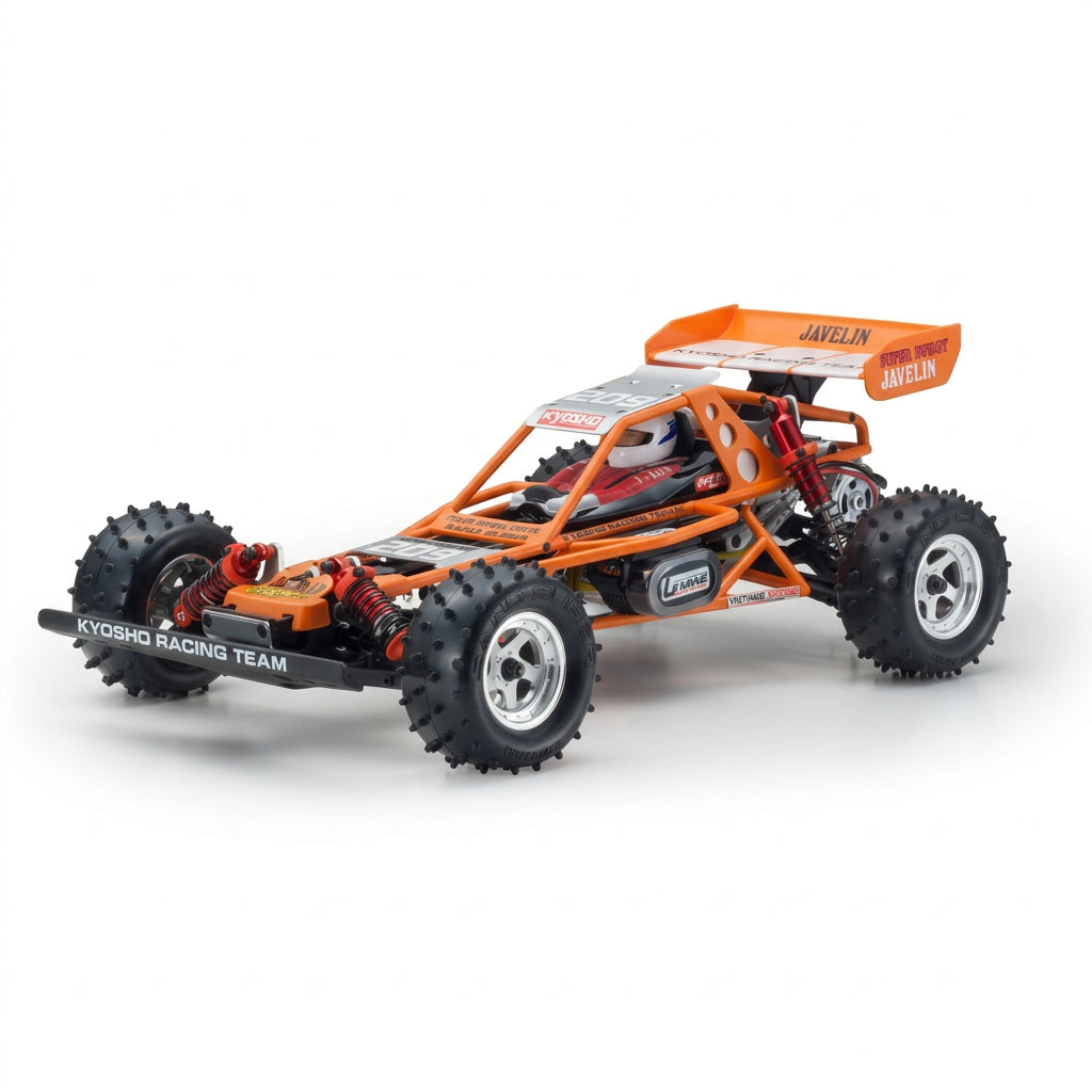 Orange and black off-road model car on a white background