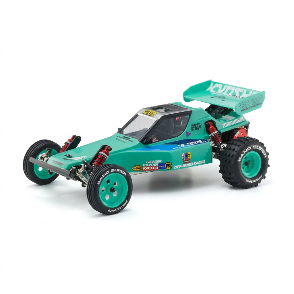 Green model car chassis with various sponsor logos on a white background