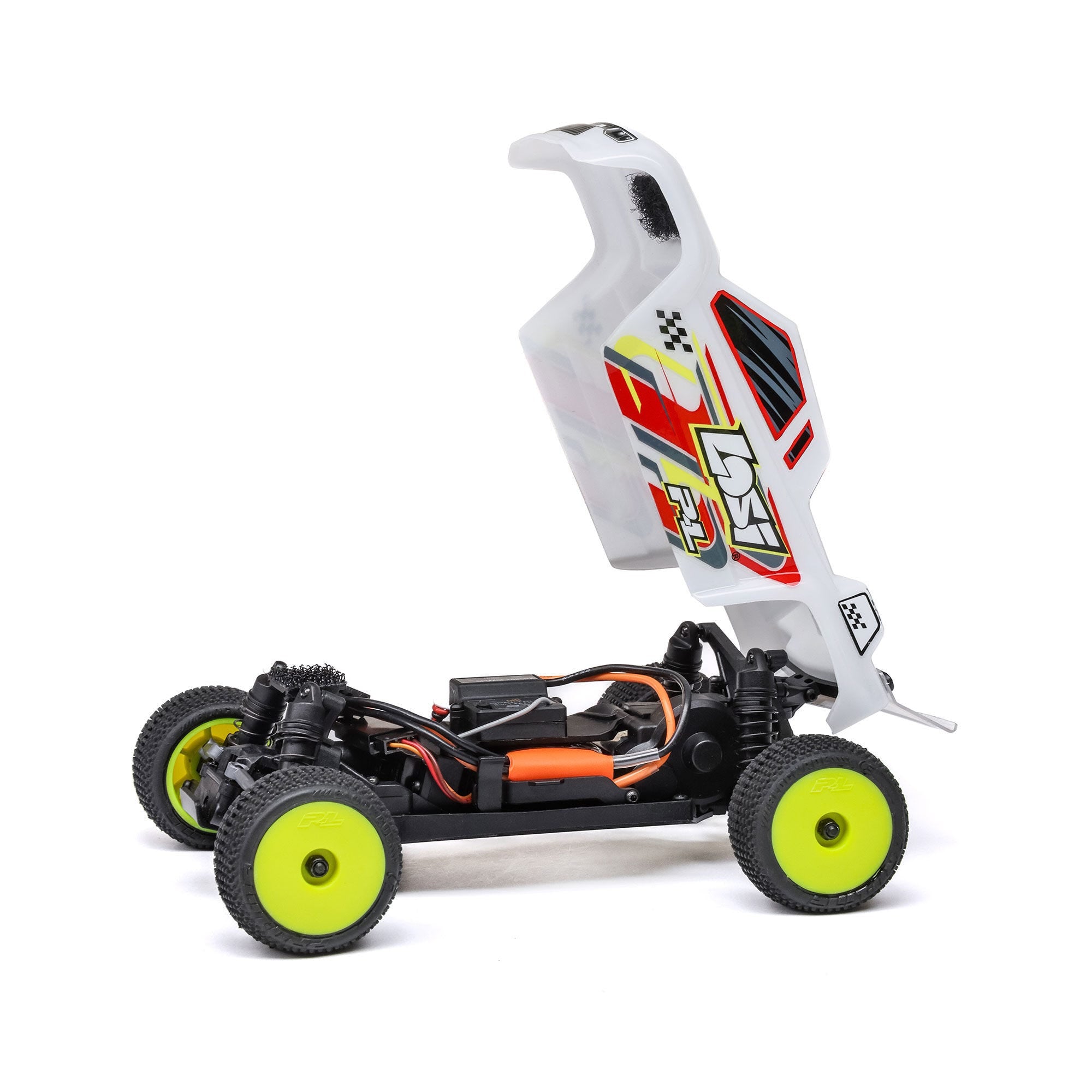 Toy car with a white body, green wheels, and visible mechanical components on a white background