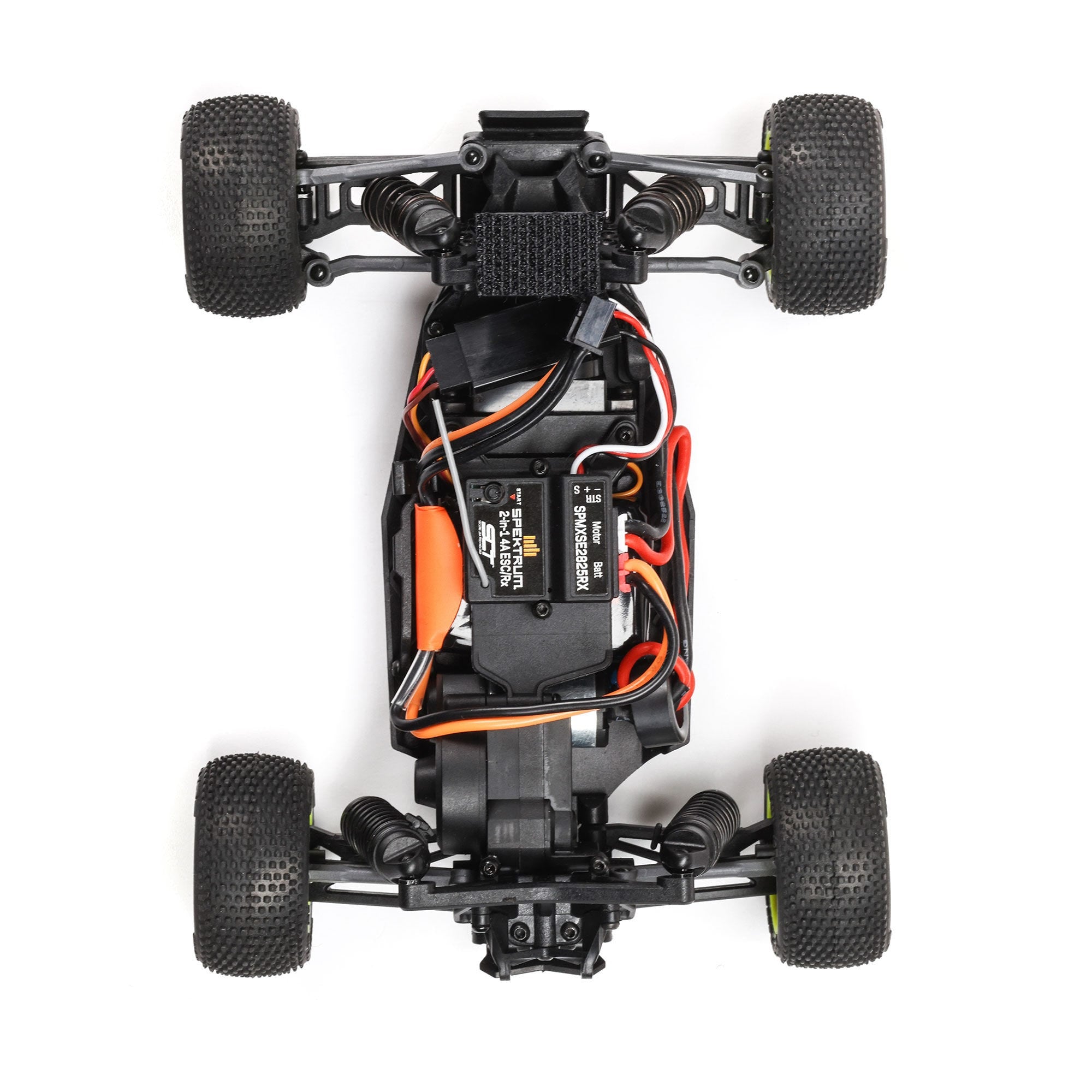 Top view of losi micro-t RC car chassis with visible wiring on a white background