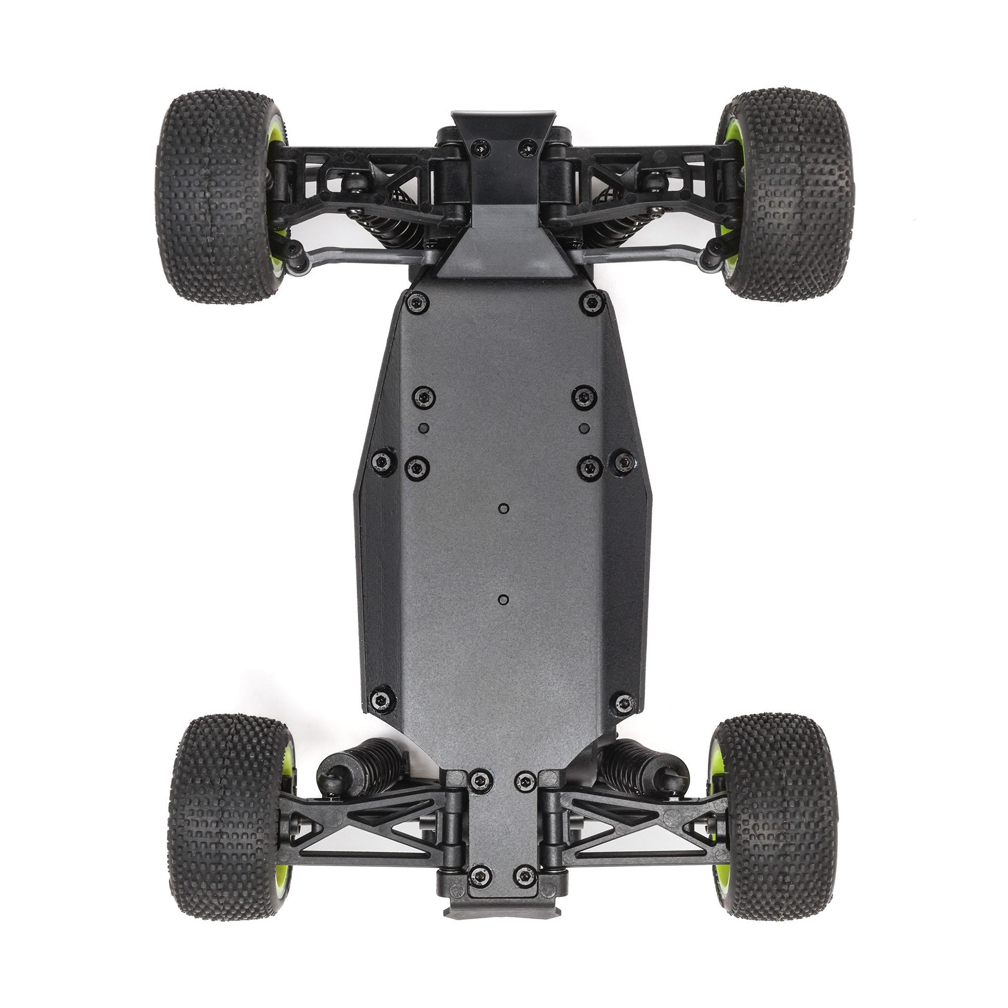 bottom view Losi micro-t chassis with wheels on a white background