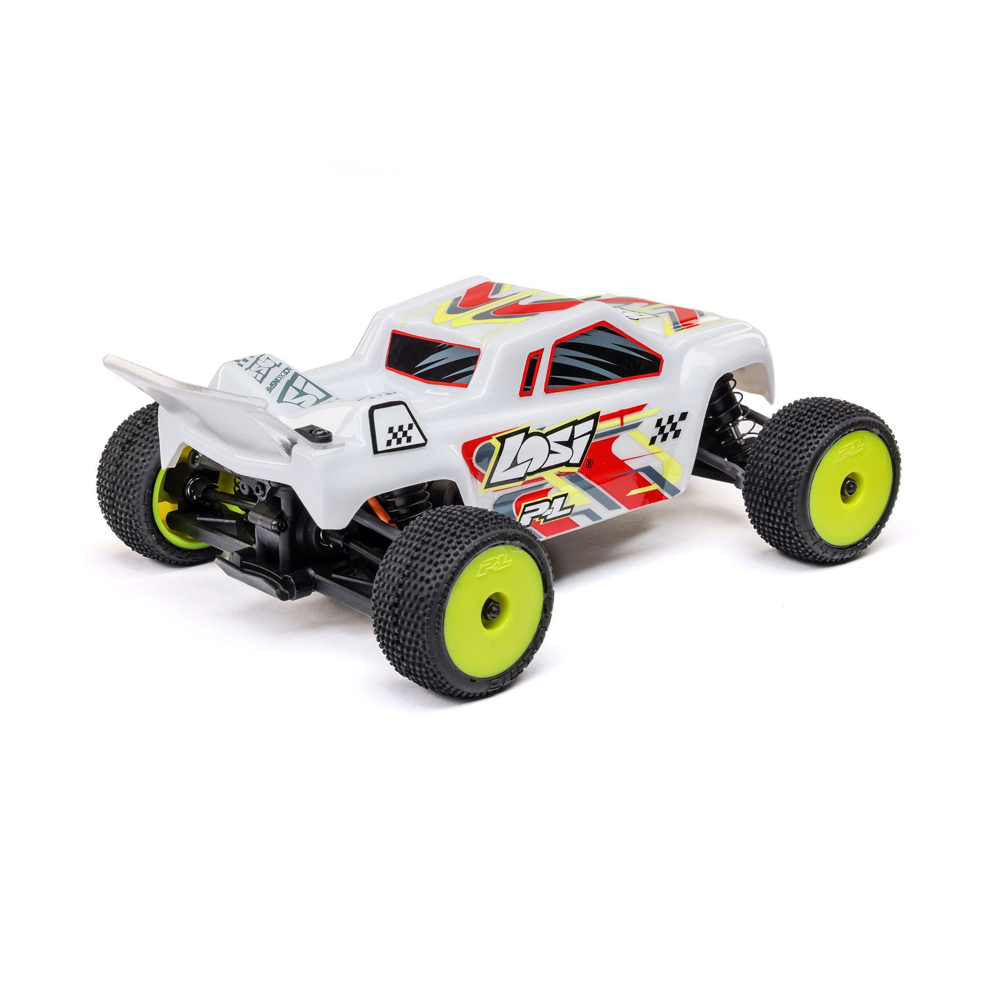 Model of a remote control car with colorful design on a white background