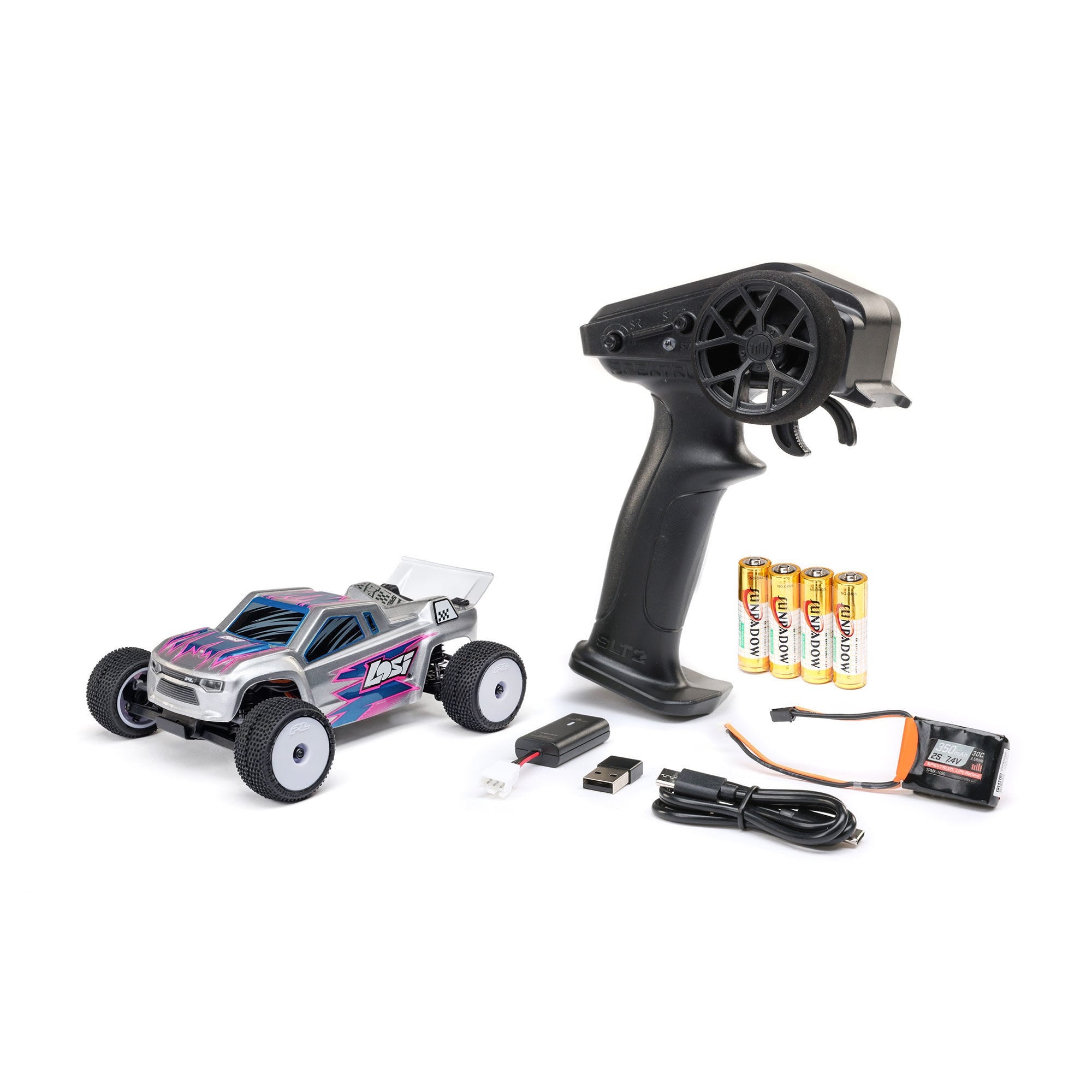 Losi Micro-T showing Spektrum SLT2 2.4GHz radio system and included accessories