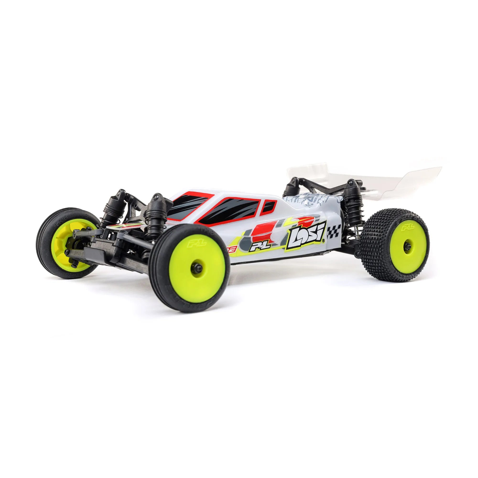 A white Losi Micro-B 1/24 2WD RC Buggy with red and black detailing, yellow wheels, and a visible black chassis. on a white background