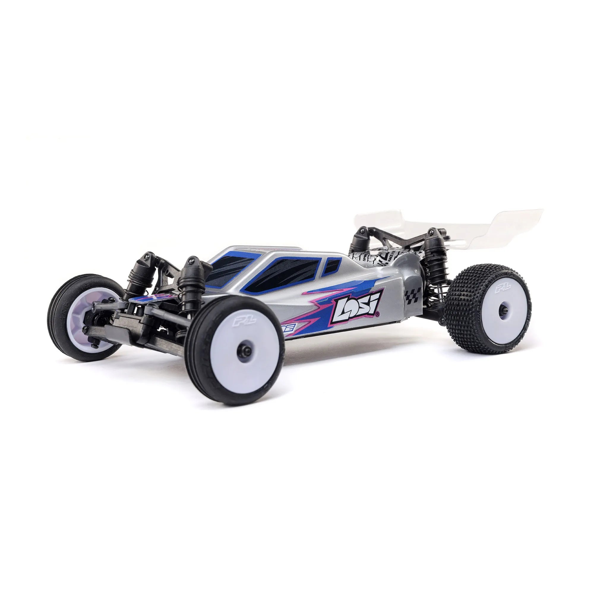 A silver Losi Micro-B 1/24 2WD RC Buggy, ready-to-run, with black wheels and visible suspension system.
