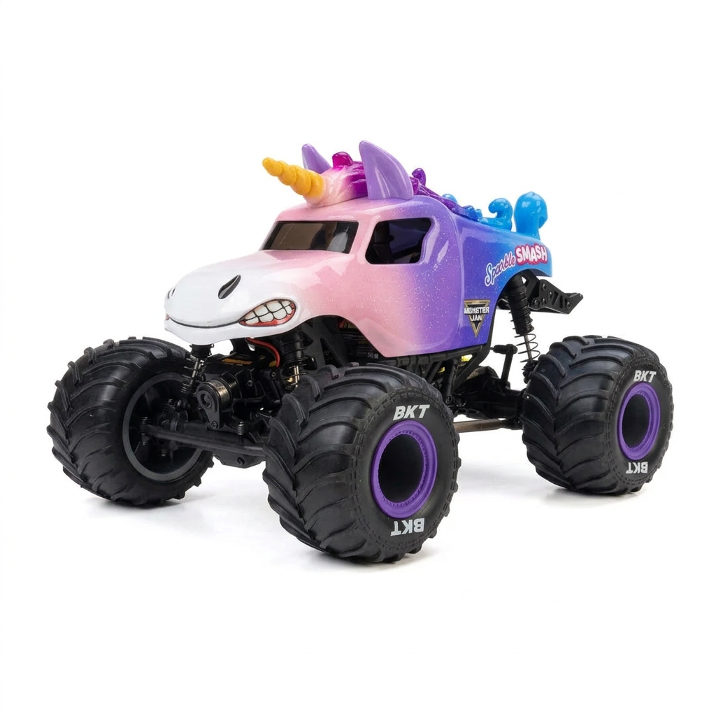 A remote control monster truck with a purple, pink, and white unicorn-themed body, shown with its black handheld transmitter, battery, and cable on a white background.