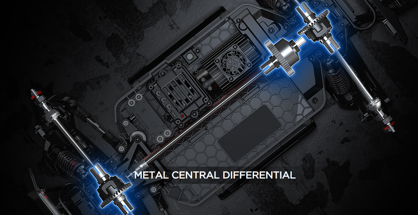 Technical specifications diagram showing the MJX monster truck's dimensions and component layout