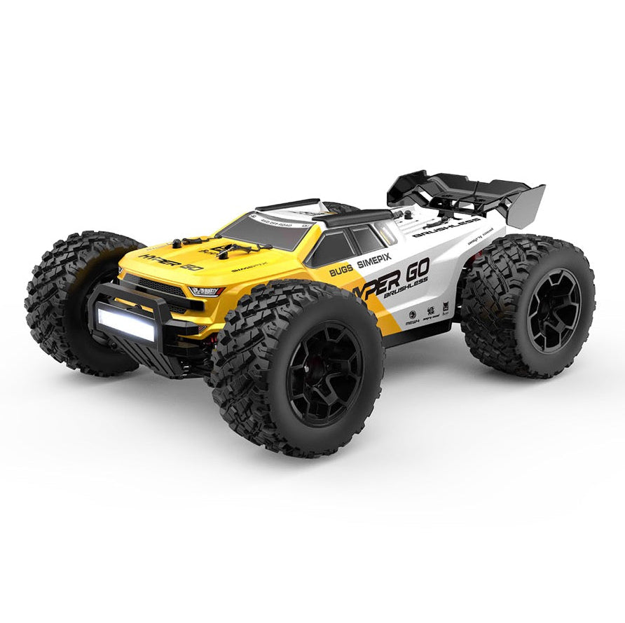 Yellow and black MJX-14207 remote control car on a white background