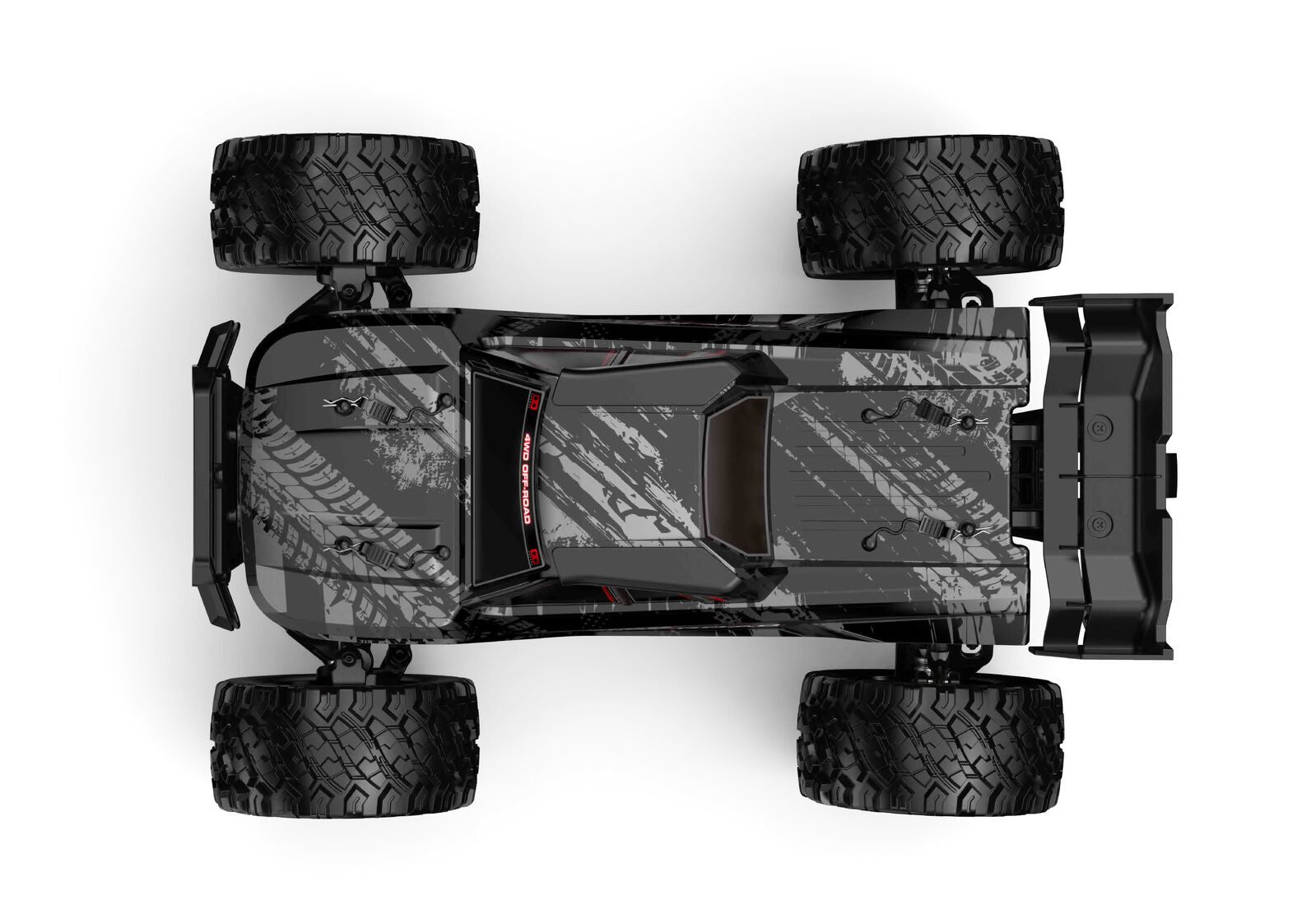 Top-down view of a MJX-14207 remote control car with a camouflage pattern on a white background