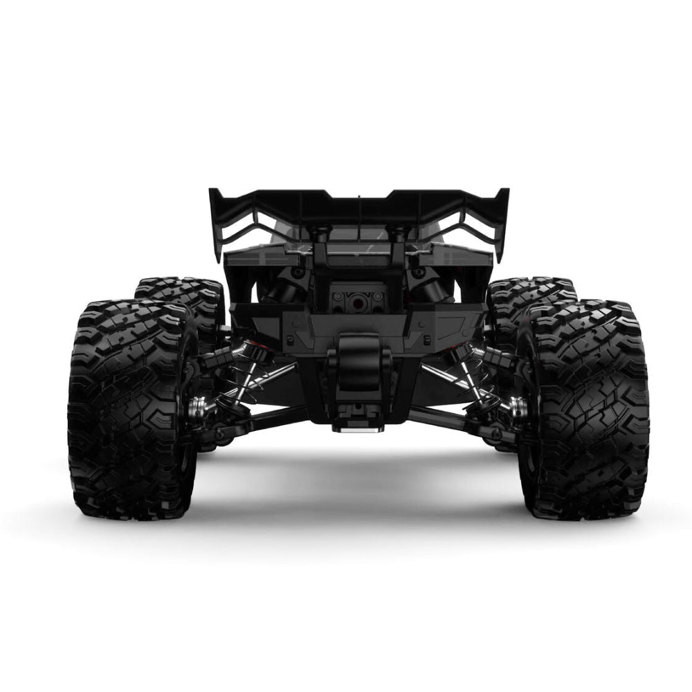 Black rear view of an MJX-14207 off-road vehicle model on a white background