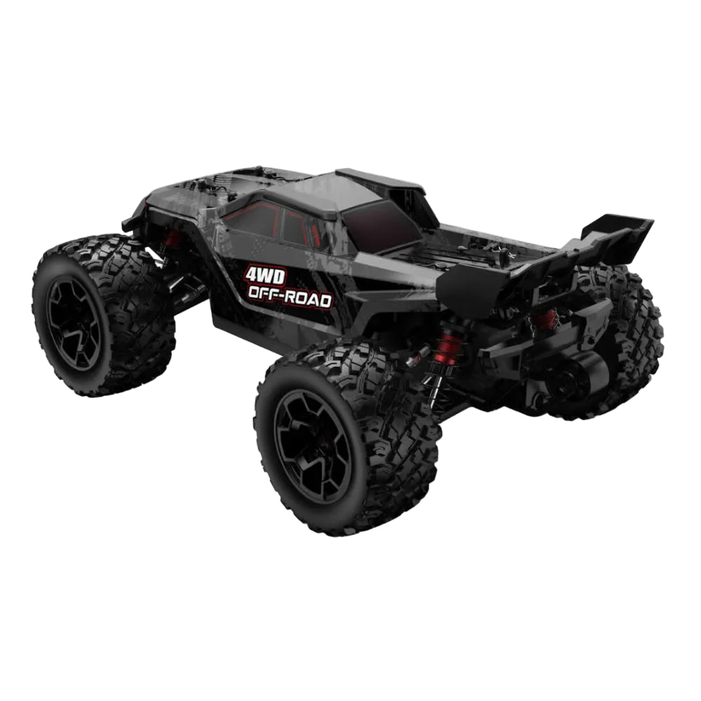 Black off-road RC car on a white background