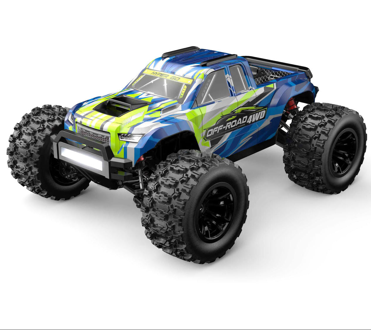 Blue and green MJX-14208 monster truck model on a white background