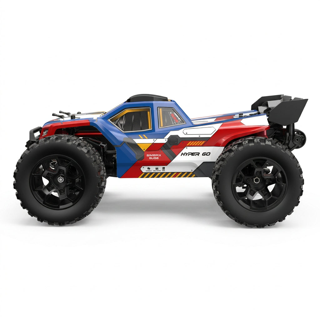 A 1/10 scale remote control off-road truck shown from a side profile view on a solid white background. The truck features a blue, red, and white body with yellow and black graphic accents, large black knobby tires, and a black rear wing.