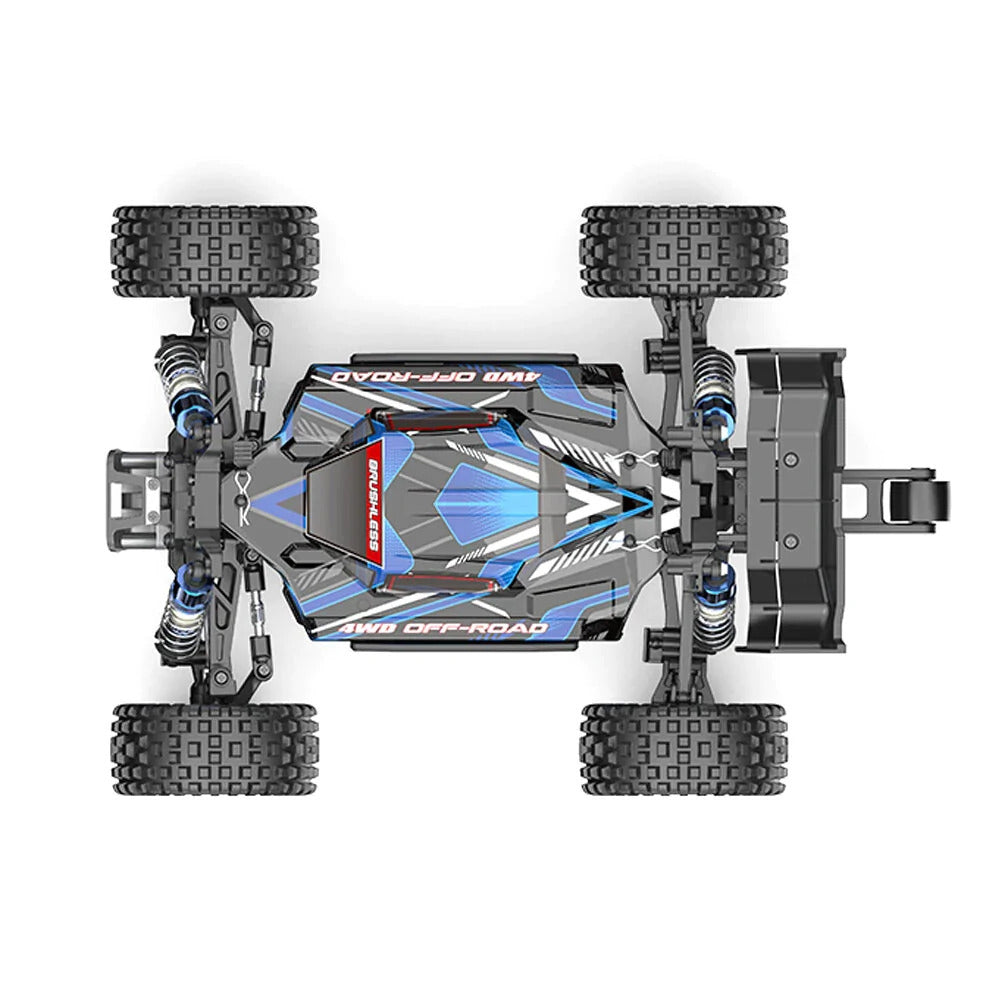 A 1/16 scale brushless MJX Hyper Go 3S RC racing buggy viewed from above on white background