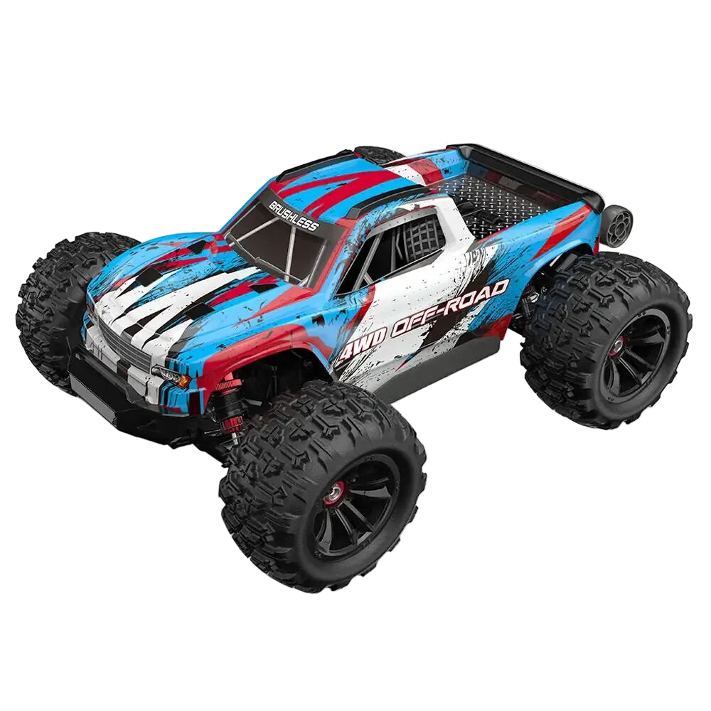 Blue and red off-road toy truck on a white background