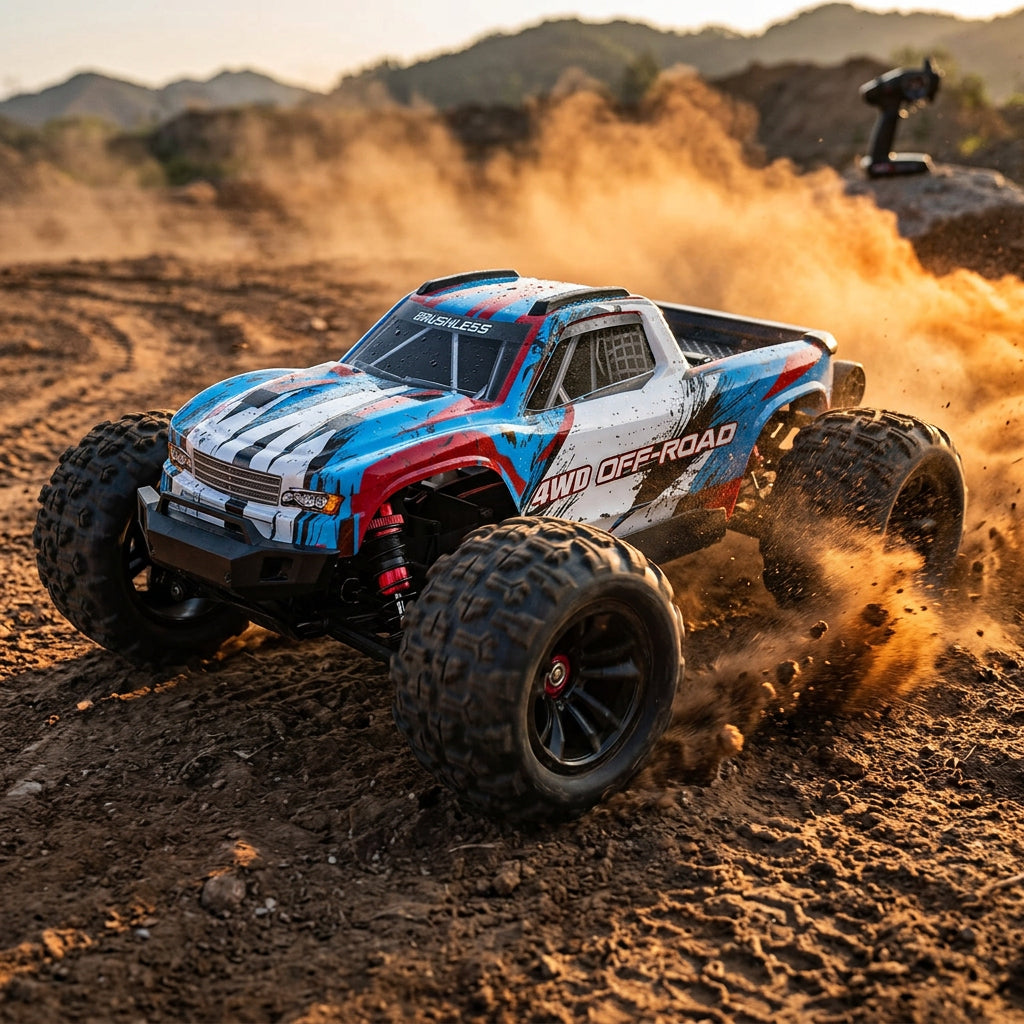 Blue and red off-road toy truck on a white background