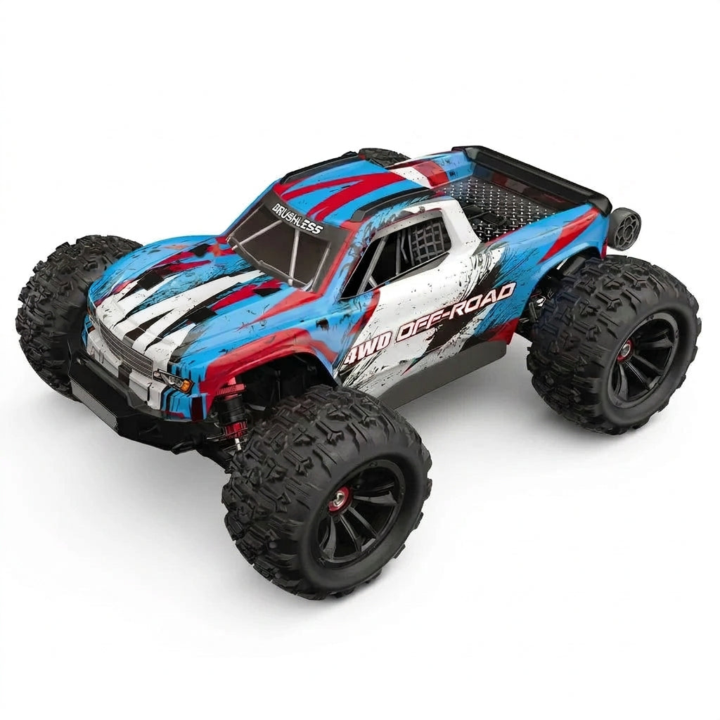 MJX monster truck with colorful paint scheme on white background
