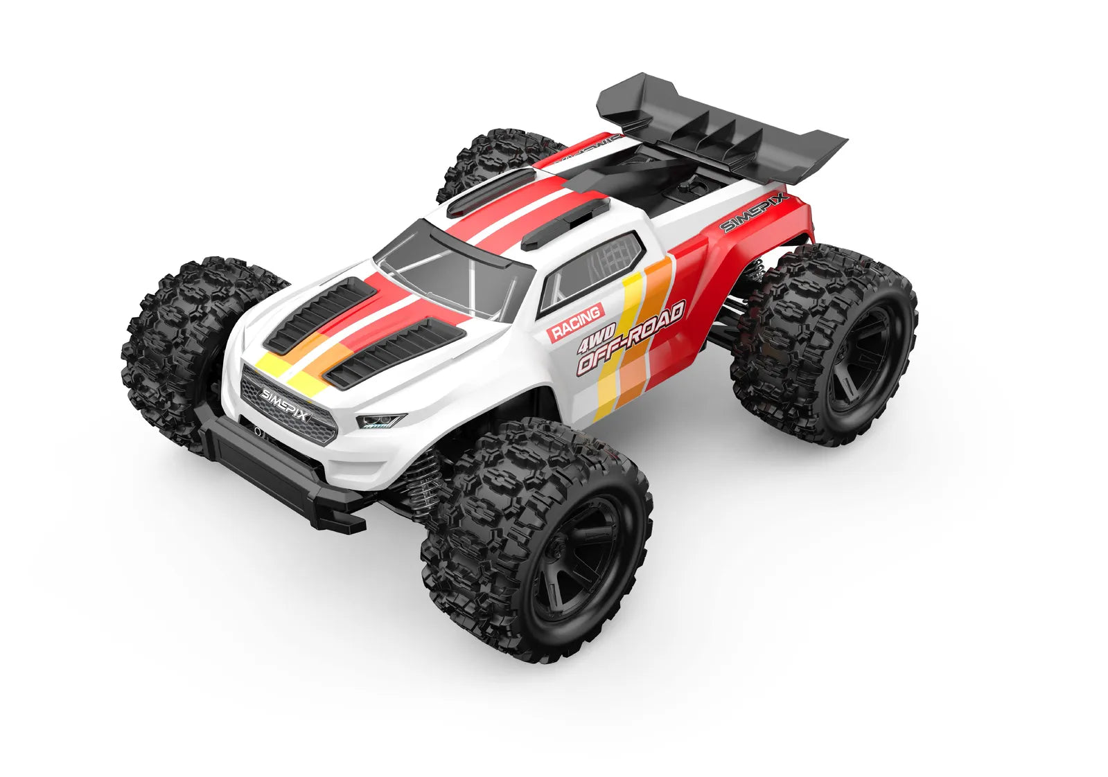 Model of a red and white off-road vehicle with black tires on a white background