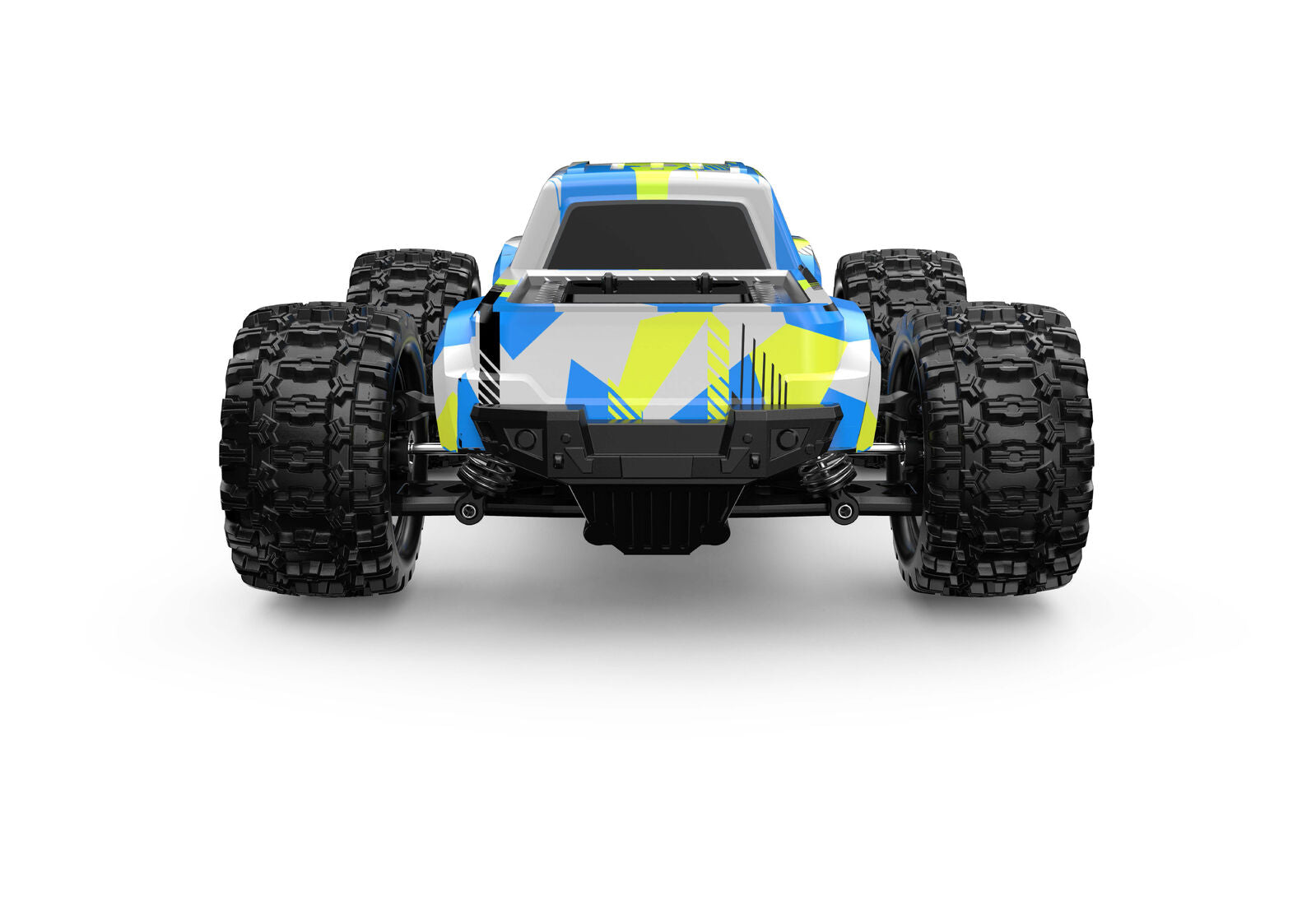 Back view of a RC MJX-18208 monster truck with large wheels on a white background