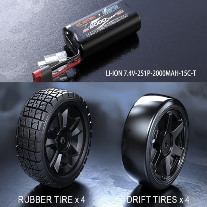 Battery pack and rubber drift tires on a dark surface