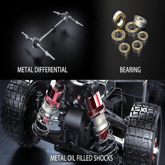 Collage of RC car components including metal differential, bearings, and metal oil-filled shocks on a dark background.