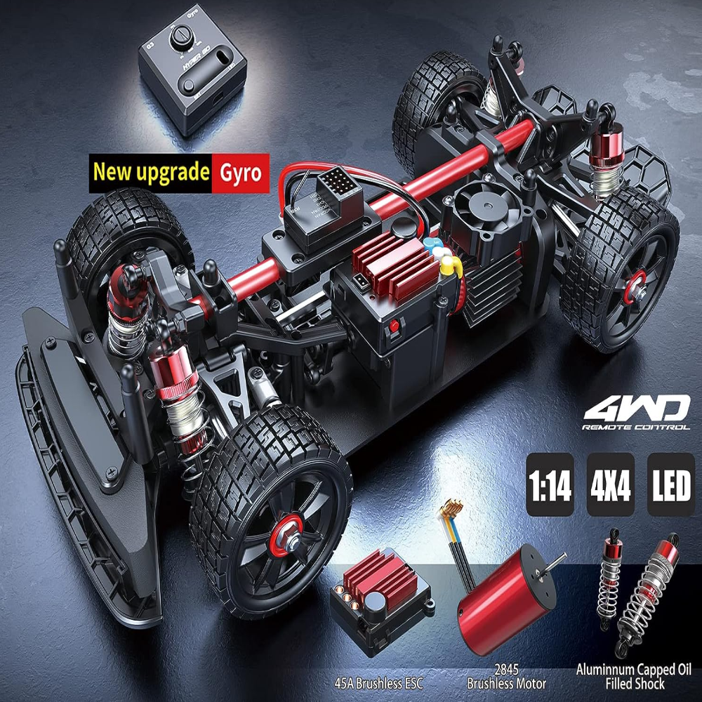Model car chassis with components and features highlighted on a dark background