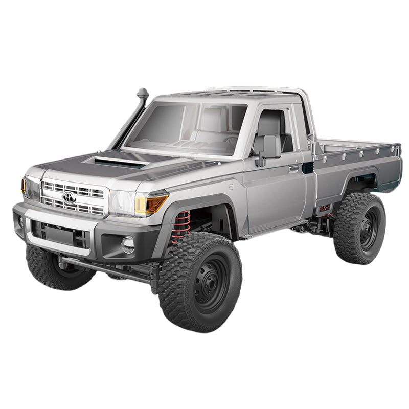 A 1/12 scale model of a Toyota LC79 4WD RC Crawler, predominantly gray in color, ready-to-run with a remote control.