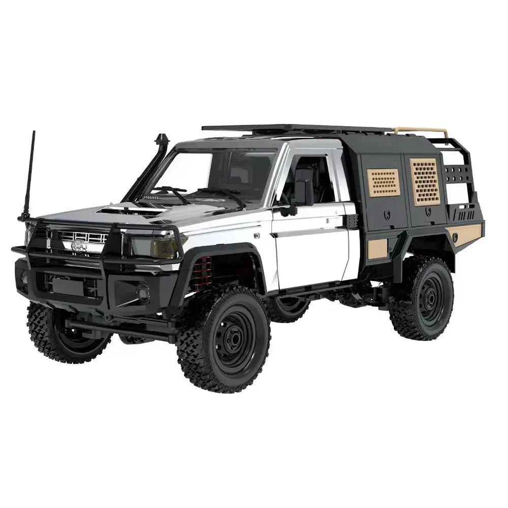 MN Model 1/12 Toyota LC79 4WD RC Crawler with a black and silver design on a white background