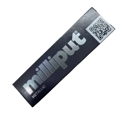 Milliput metallic putty packaging with a QR code on a white background