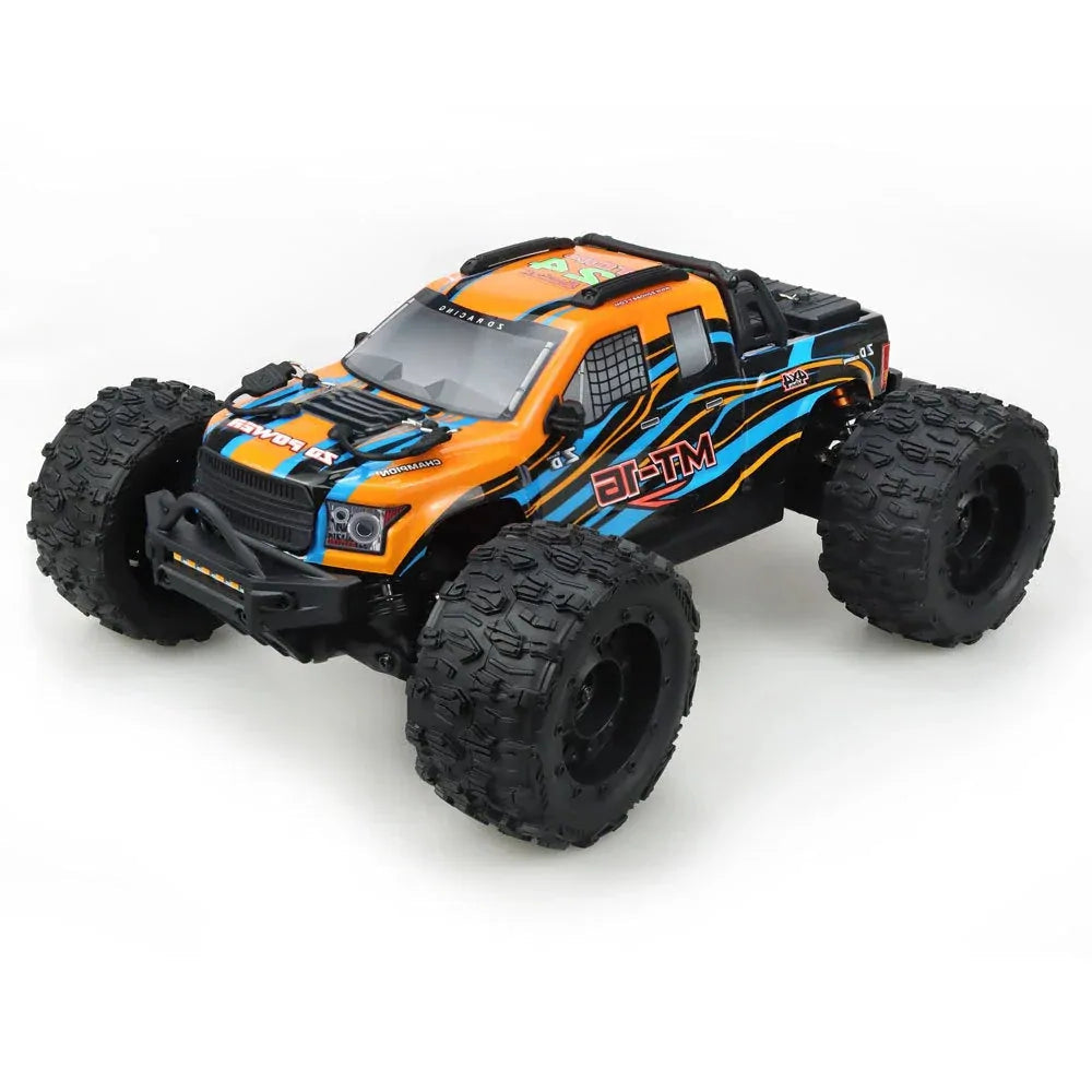 Orange and black RC monster truck on a white background