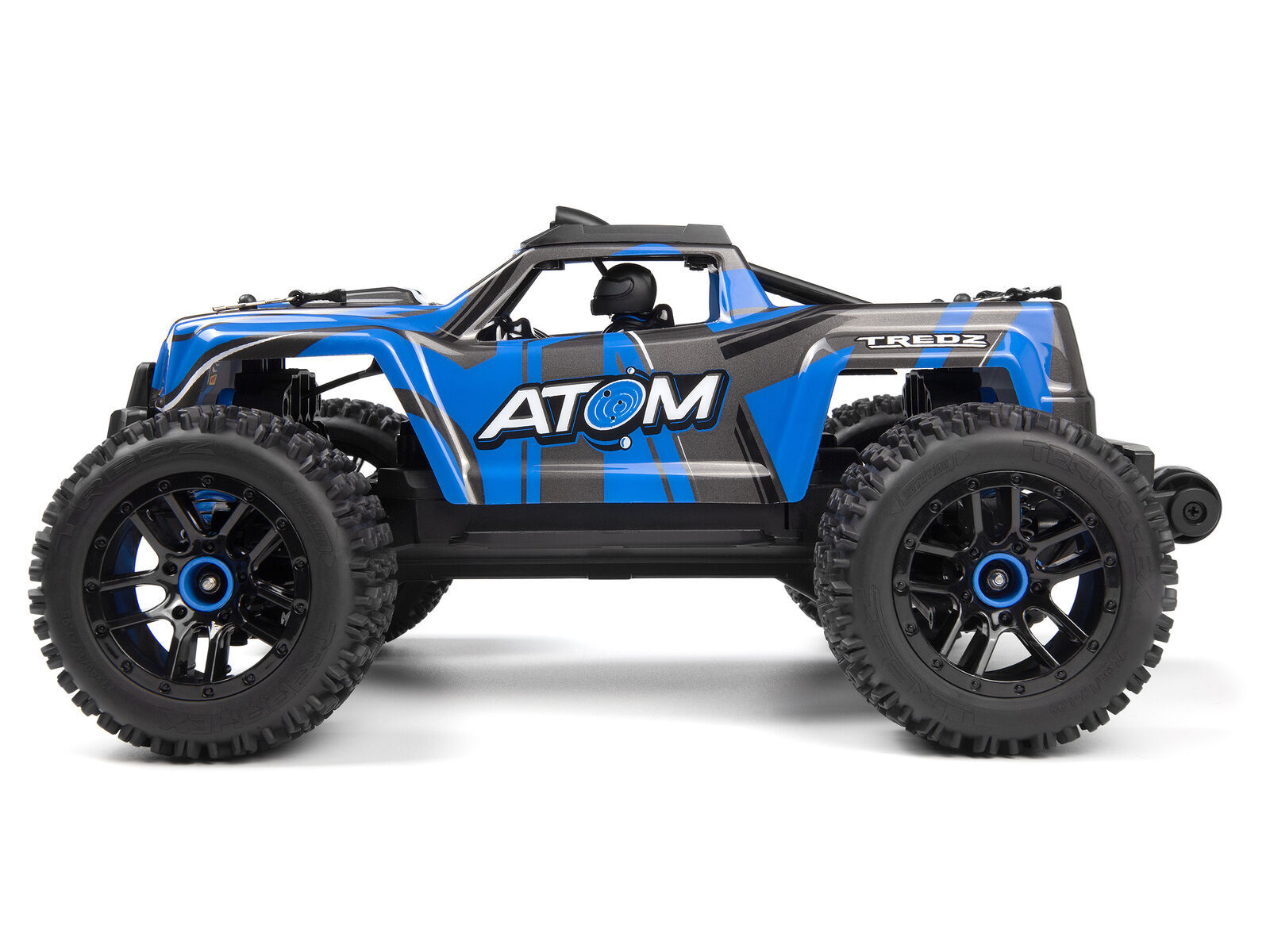 Blue and black remote control car with 'ATOM' branding on a white background