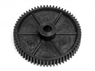 A black plastic or metal spur gear wheel with a central hub and toothed outer edge, shown on a plain white background.