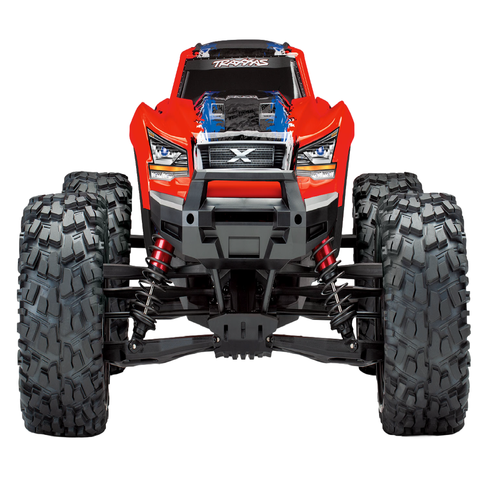 Red monster truck with large black tires on a white background
