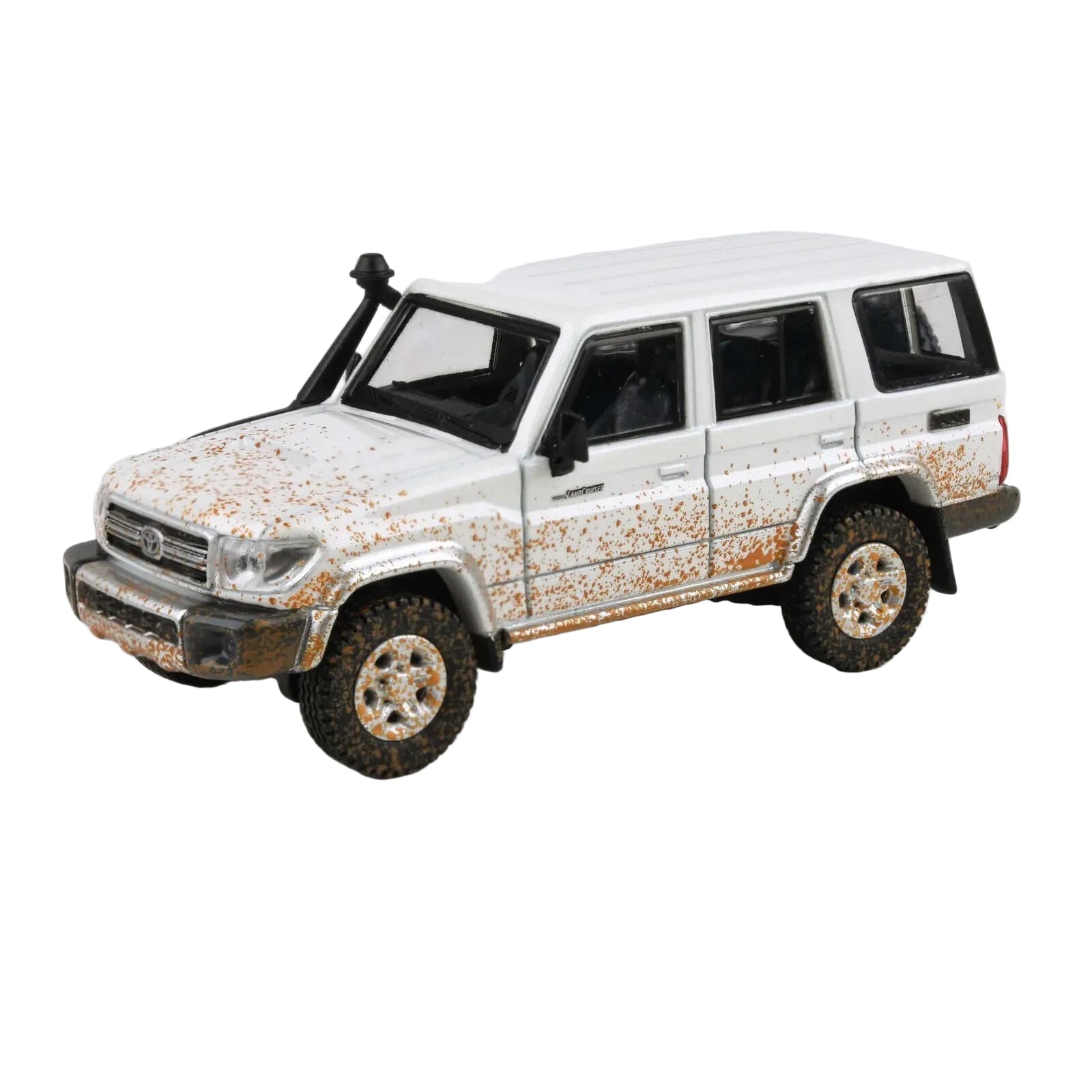 Model of a white SUV with rust effects on a white background