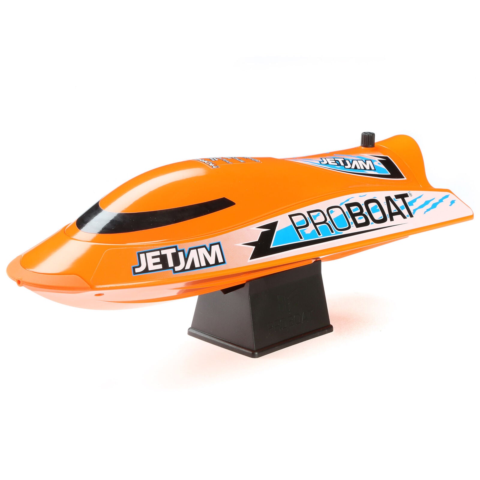 An orange JETJAM ProBoat remote control speedboat model displayed on a black stand against a white background.